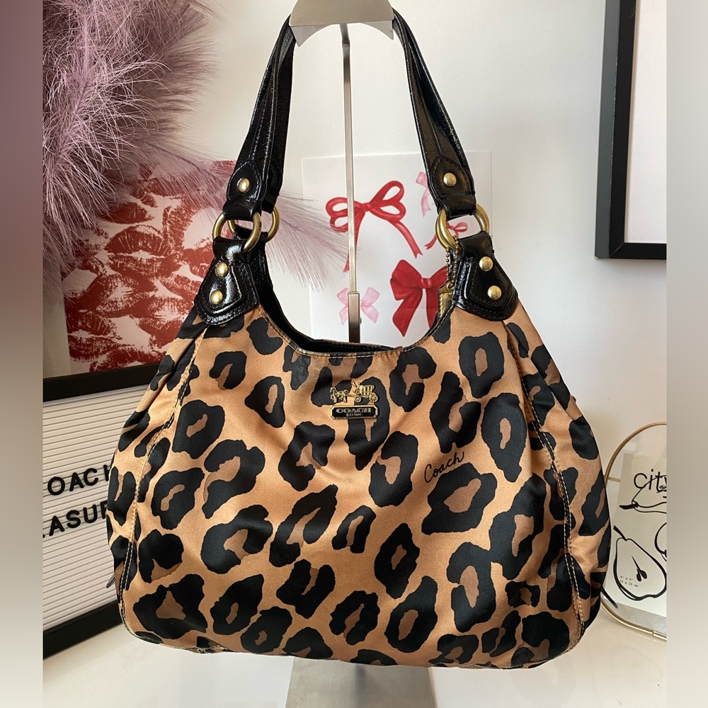 Coach Tan and Black Shoulder Bag with Leopard Print